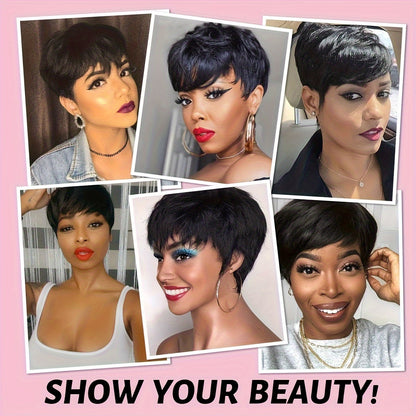 Glueless Short Pixie Cut Wigs For Women Full Machine Made Wig With Bangs Natural Black Layered Short Wig None Lace Wig Human Hair 130%