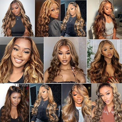 Highlight Body Wave Wig 13x4 Lace Front Human Hair Wig P4/27 Colored Ombre 13X4 Lace Frontal Wigs For Women Pre Plucked With Baby Hair 150%