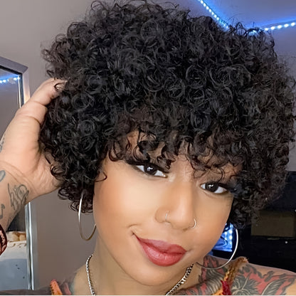 130% Human Hair Wig Short Curly Wig With Bangs Human Hair Wig For Women