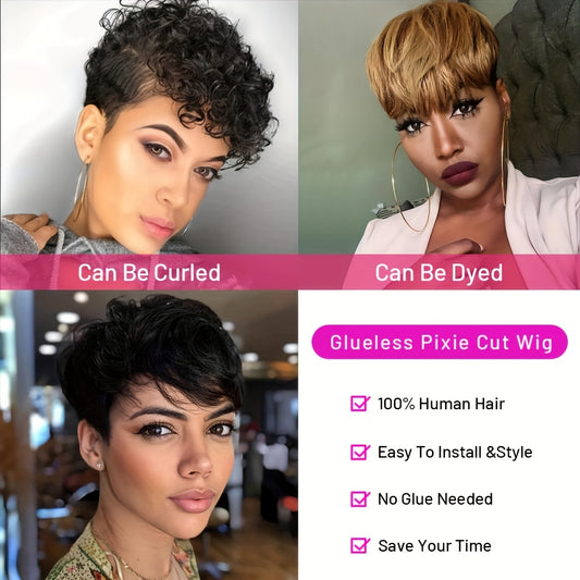 Glueless Short Pixie Cut Wigs For Women Full Machine Made Wig With Bangs Natural Black Layered Short Wig None Lace Wig Human Hair 130%