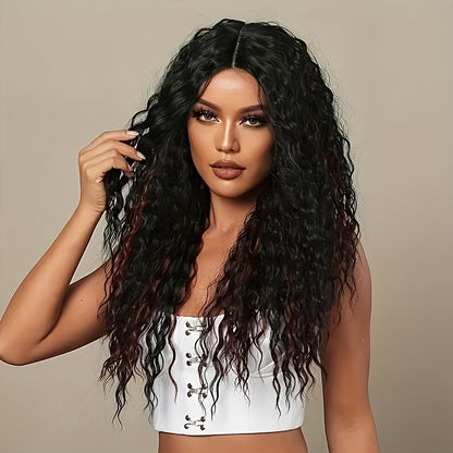 Synthetic 13x4x1 Lace Front Wig Black And Red Skunk Stripe Highlight Deep Curly Lace Front Wigs Synthetic Heat Resistant Fiber Hair Lace Wig Colorful Lace Front Wigs For Women 66.04 Cm