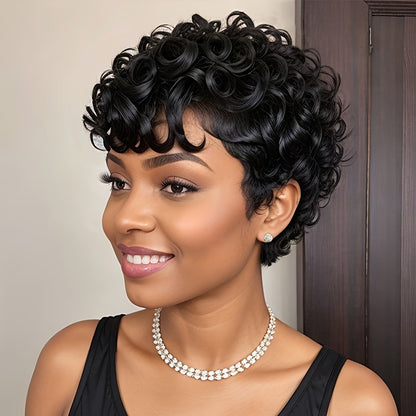 Brazilian Curly Short Wigs Short Pixie Cut Curly Wigs For Women Short Curly Human Hair Wigs With Bangs 180% Density Full Machine Made Wig 15.24 Cm