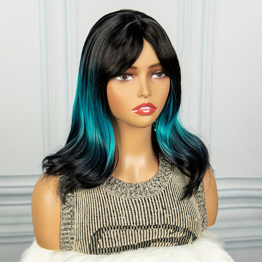 Wig 35.56 Cm Short Bob Black Mix Blue Highlight Color Machine Made Elegant Synthetic Hair Wigs With Bangs For Women