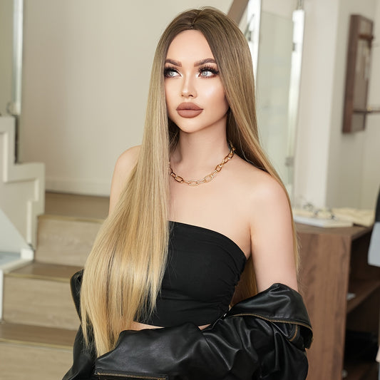 Long Straight Champagne Wig For Women Daily Use Super Length Blonde Hair Wigs Synthetic Middle Part Brown Bangs Beginner Friendly 86.36cm