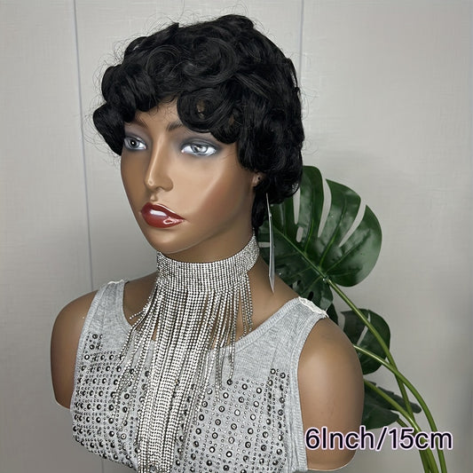 Short Pixie Cut Wigs Human Hair For Women Short Curly Human Hair Wigs With Bangs Remy Brazilian Human Hair Full Machine Made Wig Non Lace Wigs 180 Density 15.24 Cm
