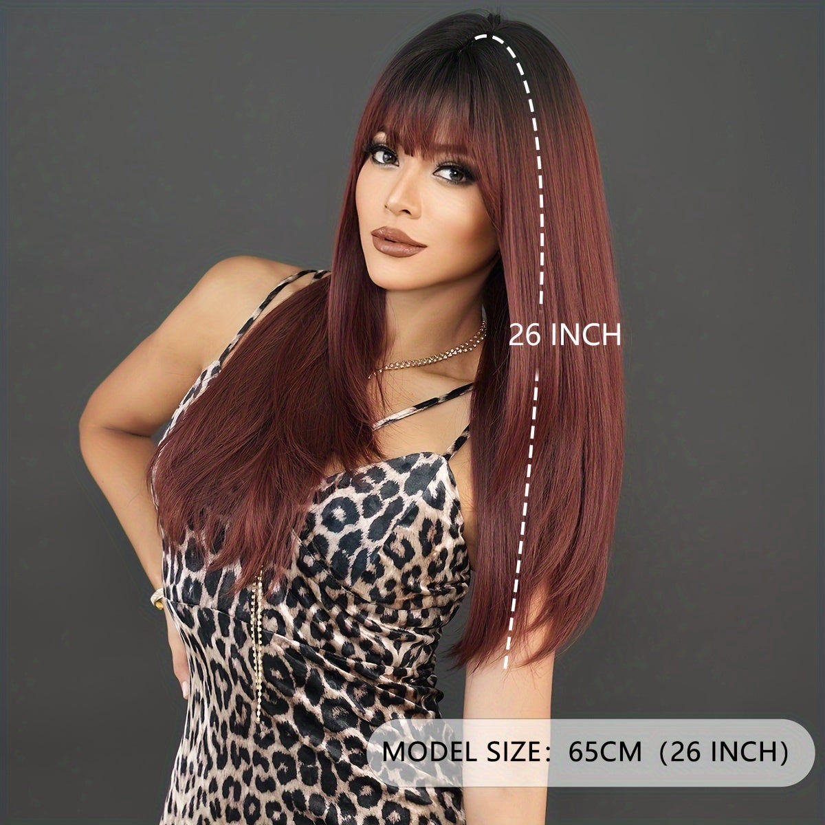 Long Straight Wine Red Wig For Women Daily Party Use Synthetic Layered Black Ombre Hair Wigs With Curtain Bangs Heat Resistant Fiber 66.04cm